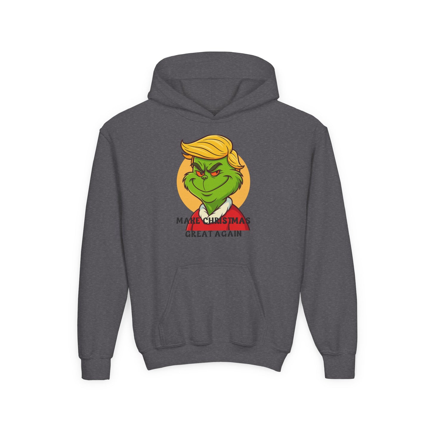 Youth Hoodie — Grinch Face Holiday Sweatshirt with 'Make Christmas Great Again' Text