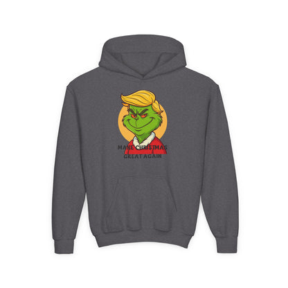 Youth Hoodie — Grinch Face Holiday Sweatshirt with 'Make Christmas Great Again' Text