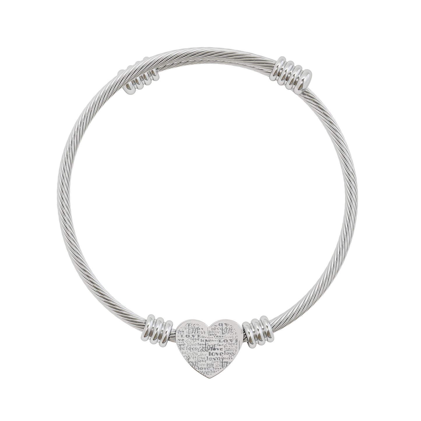 LOVE- Engravable Heart Cuff Bracelet — Personalized Cable Wire Bangle (Silver or Gold)