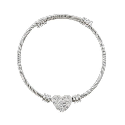 LOVE- Engravable Heart Cuff Bracelet — Personalized Cable Wire Bangle (Silver or Gold)