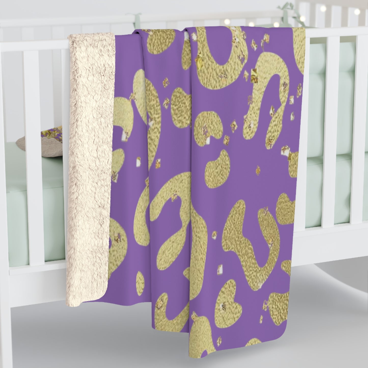 Gold Glitter Leopard Sherpa Blanket — Purple Animal Print Cozy Throw