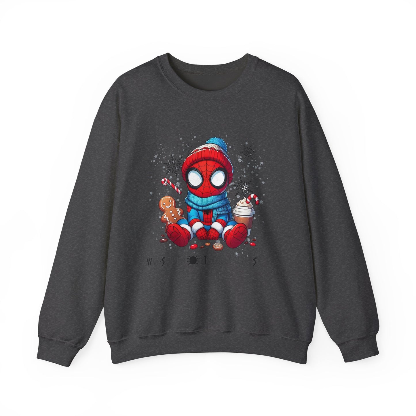 Holiday Spider Crewneck Sweatshirt — Cute Spidey in Winter Hat with Gingerbread & Cocoa
