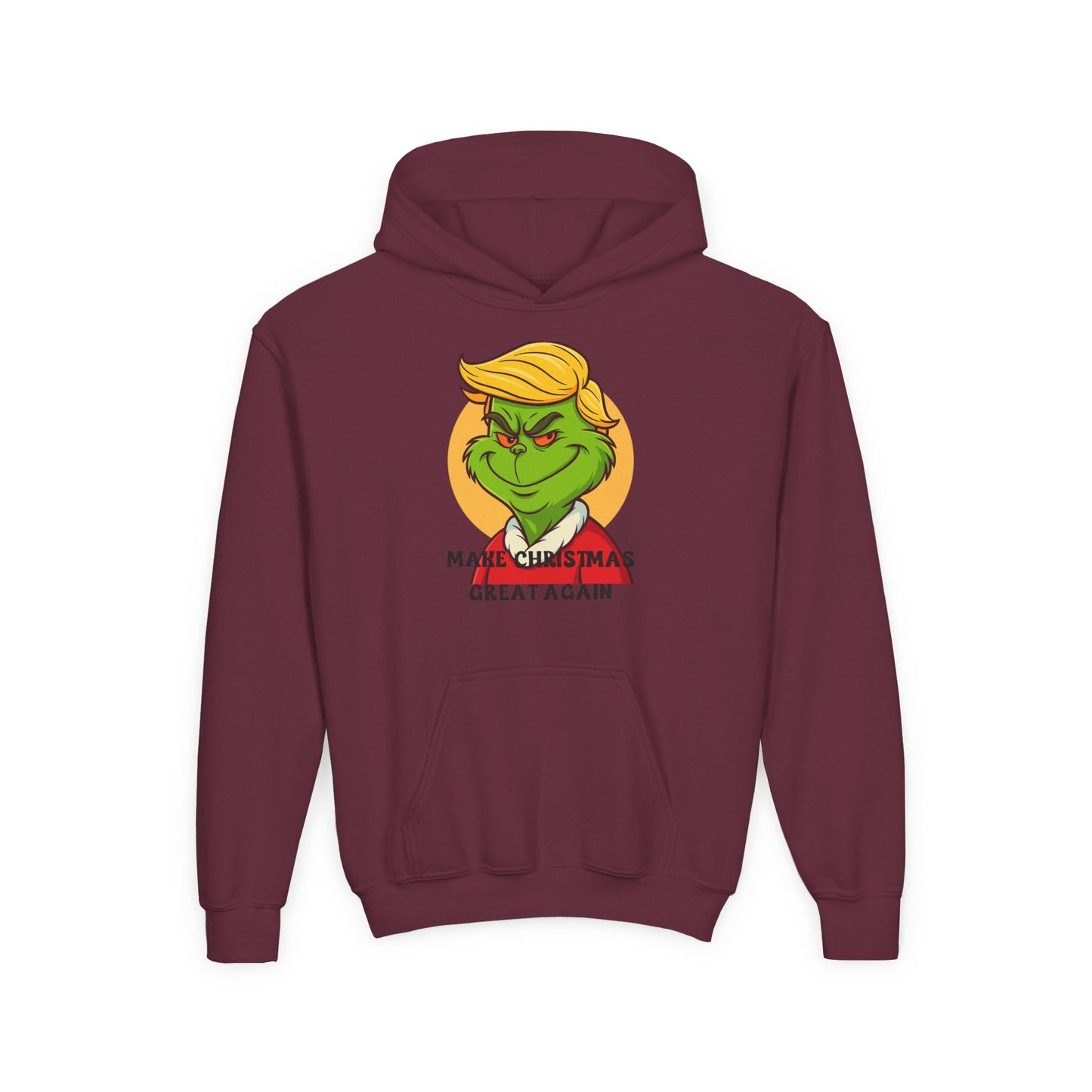 Youth Hoodie — Grinch Face Holiday Sweatshirt with 'Make Christmas Great Again' Text