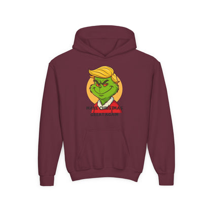 Youth Hoodie — Grinch Face Holiday Sweatshirt with 'Make Christmas Great Again' Text