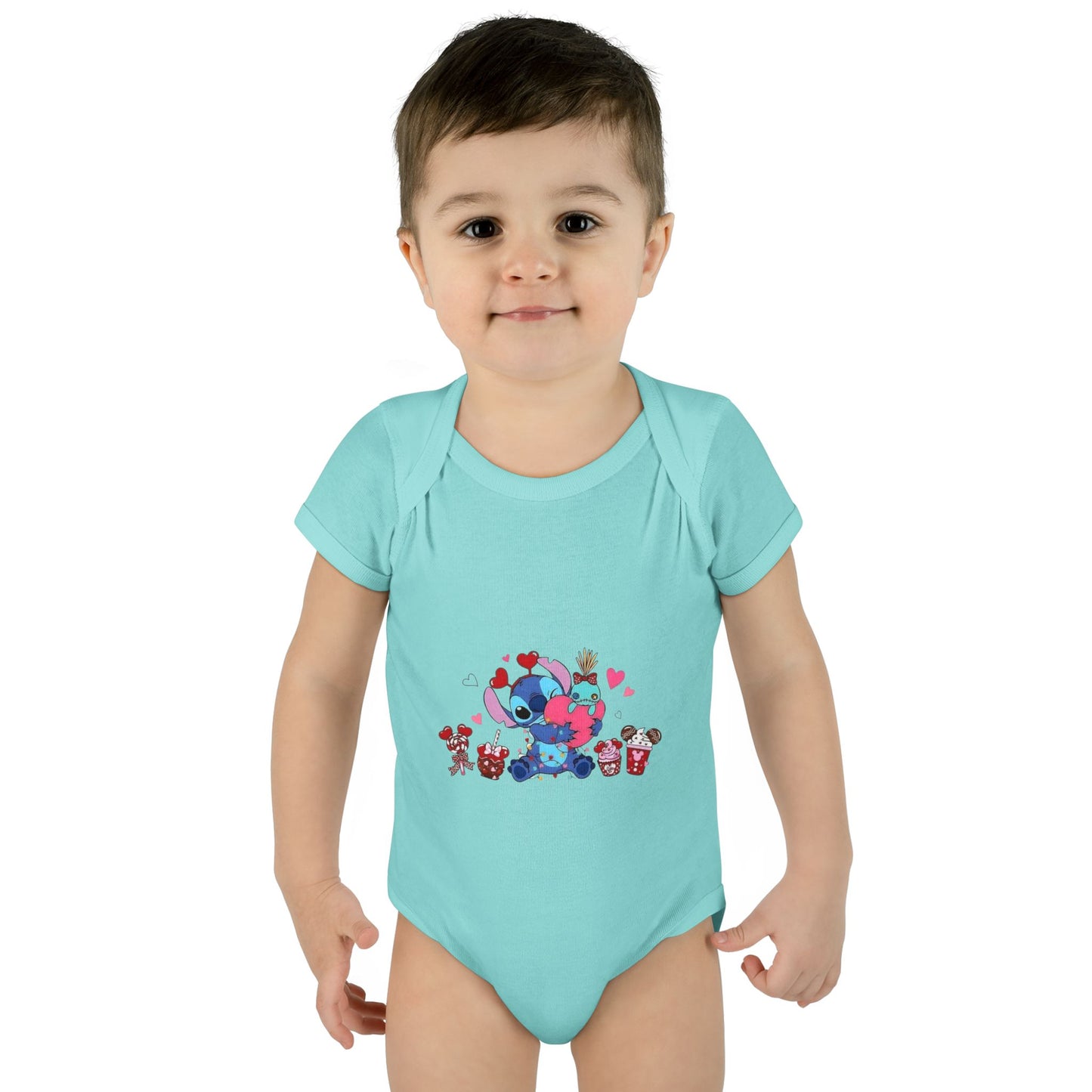 Stitch Valentine Baby Bodysuit — Cute Disney-Inspired Infant Onesie with Hearts & Treats
