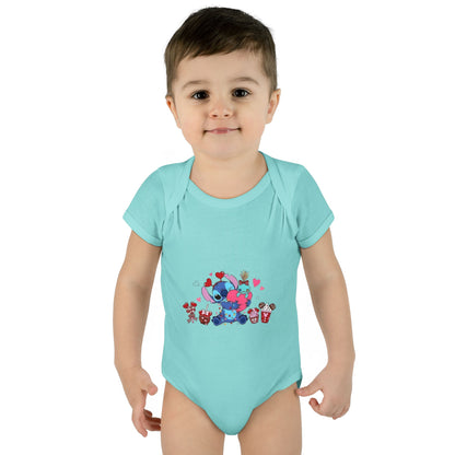 Stitch Valentine Baby Bodysuit — Cute Disney-Inspired Infant Onesie with Hearts & Treats