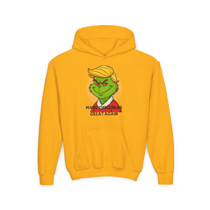 Youth Hoodie — Grinch Face Holiday Sweatshirt with 'Make Christmas Great Again' Text
