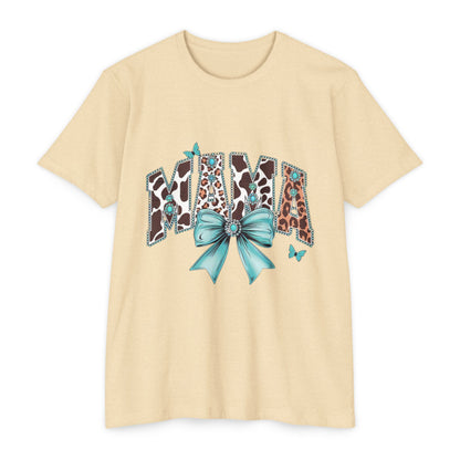 Mama Leopard Print Ribbon T‑Shirt — Teal Bow Mom Shirt