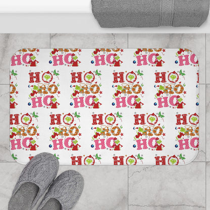 White- Grinch Holiday-Themed Bath Mat with Cheerful 'Ho Ho Ho' Design,