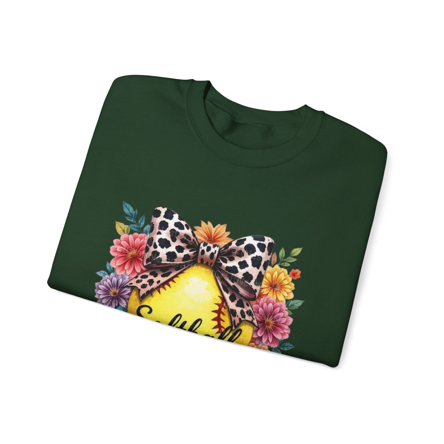 Softball Mama Crewneck Sweatshirt — Floral Softball Design with Leopard Bow