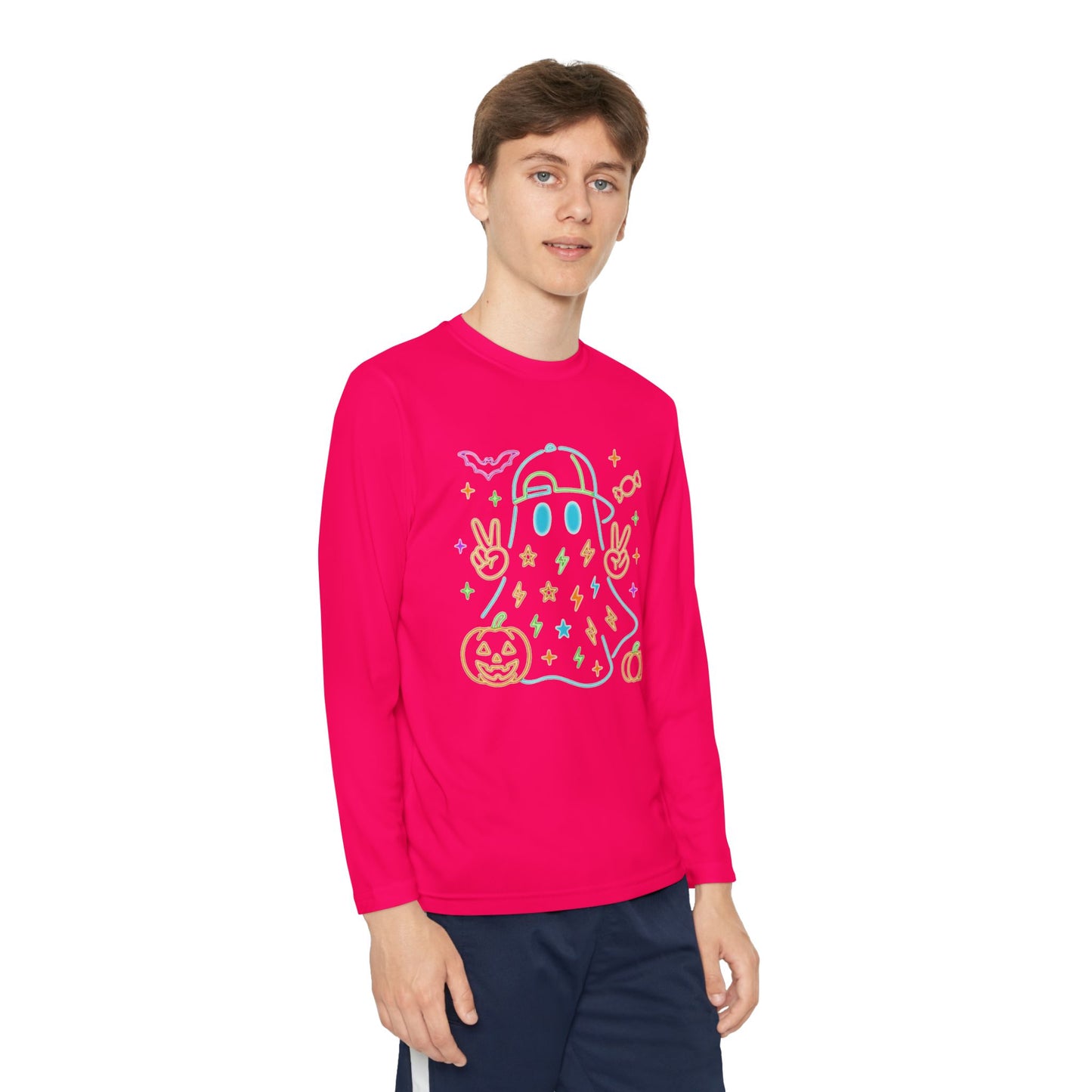 Youth Long Sleeve Ghost Tee, Halloween Shirt, Pumpkin Design, Cute Apparel, Kids' Holiday Wear, Spooky Fun Top