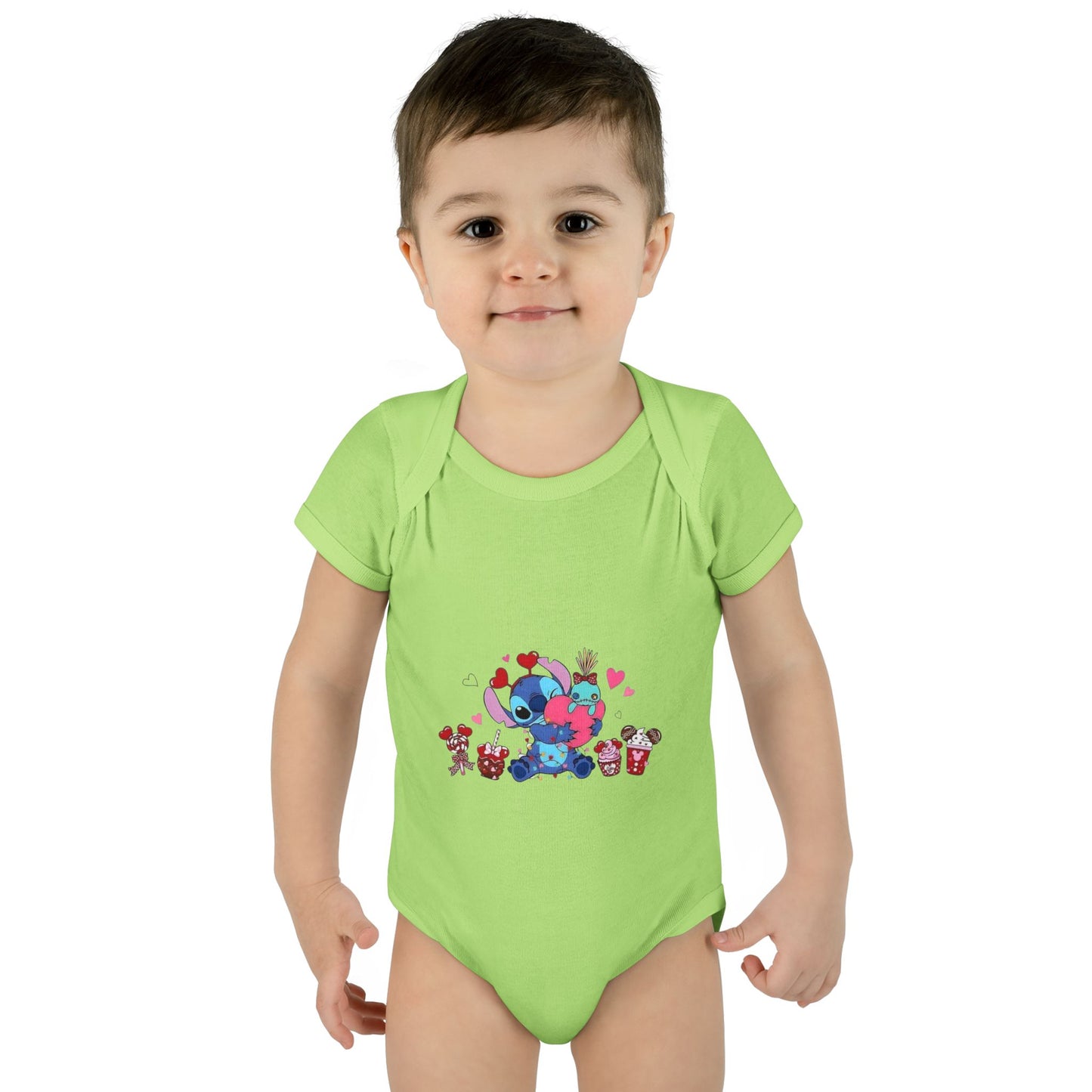 Stitch Valentine Baby Bodysuit — Cute Disney-Inspired Infant Onesie with Hearts & Treats