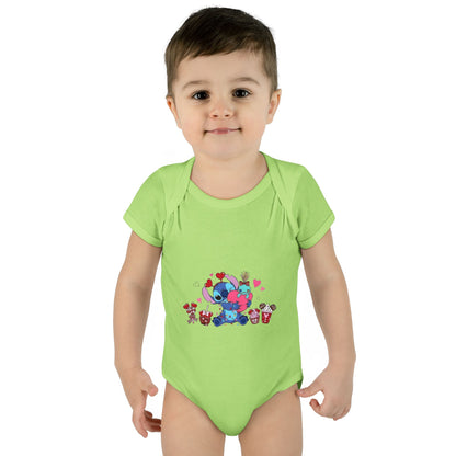 Stitch Valentine Baby Bodysuit — Cute Disney-Inspired Infant Onesie with Hearts & Treats