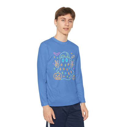 Youth Long Sleeve Ghost Tee, Halloween Shirt, Pumpkin Design, Cute Apparel, Kids' Holiday Wear, Spooky Fun Top