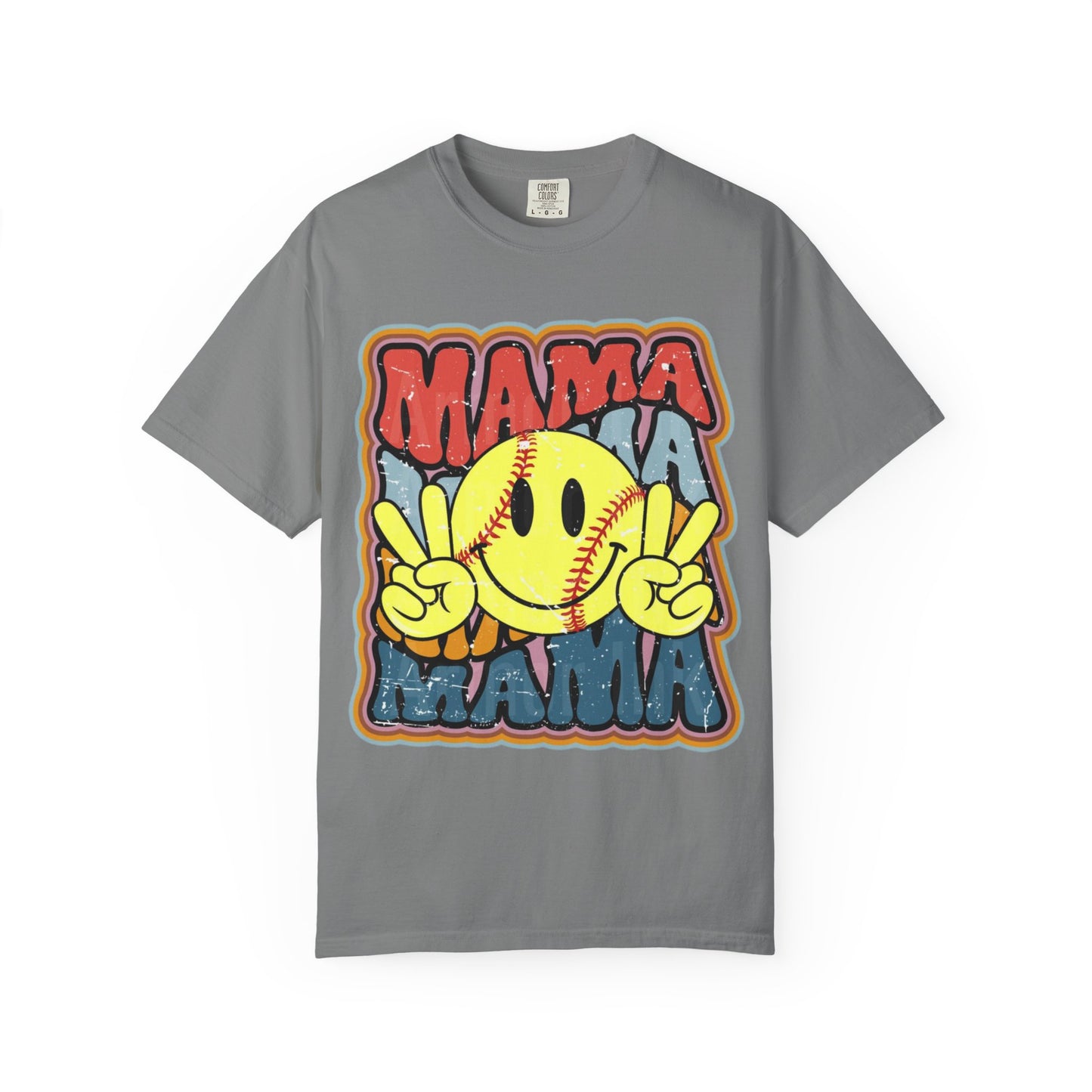 Mama Softball Smile T-Shirt — Retro Peace Sign Softball Mom Tee