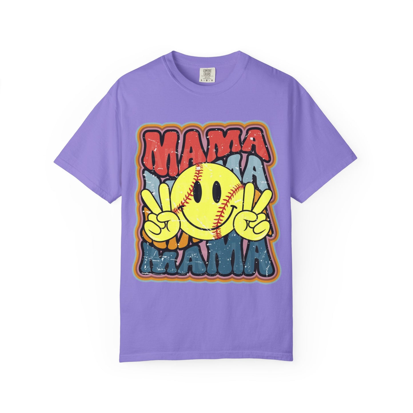 Mama Softball Smile T-Shirt — Retro Peace Sign Softball Mom Tee