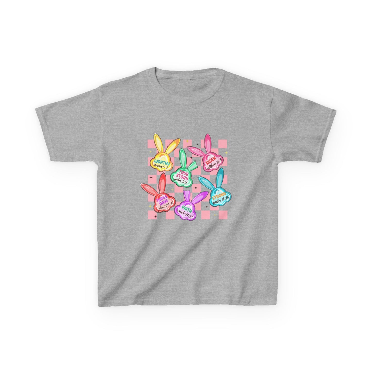 Kids Tee — Colorful Pastel Bunny Badges “Hug Me” Graphic