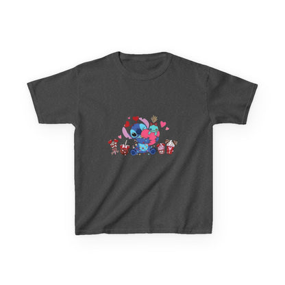 Stitch- Kids Valentine Alien Tee — Cute Blue Alien Hugging Pink Heart Plushie