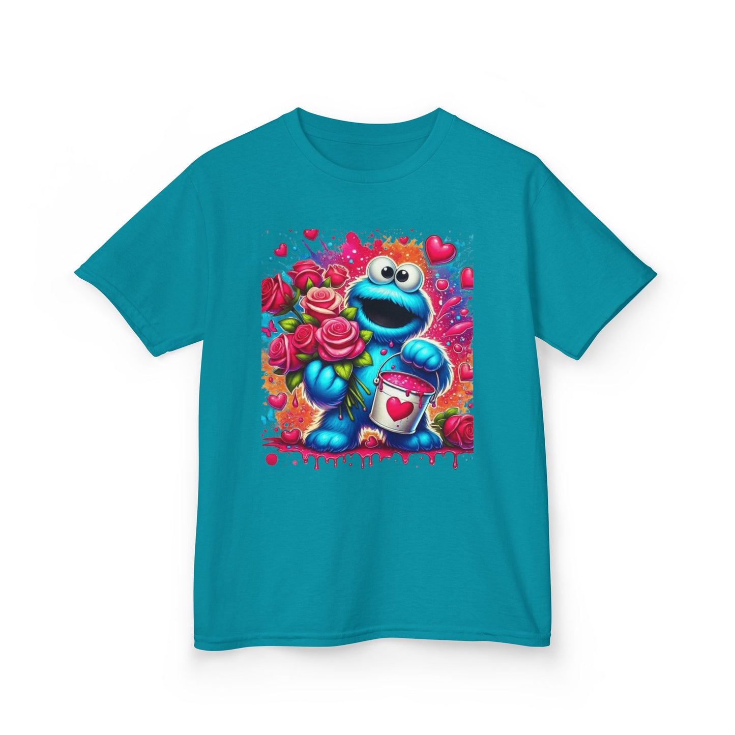Valentine Blue Monster Kids Tee — Cute Fluffy Monster with Roses & Heart Paint