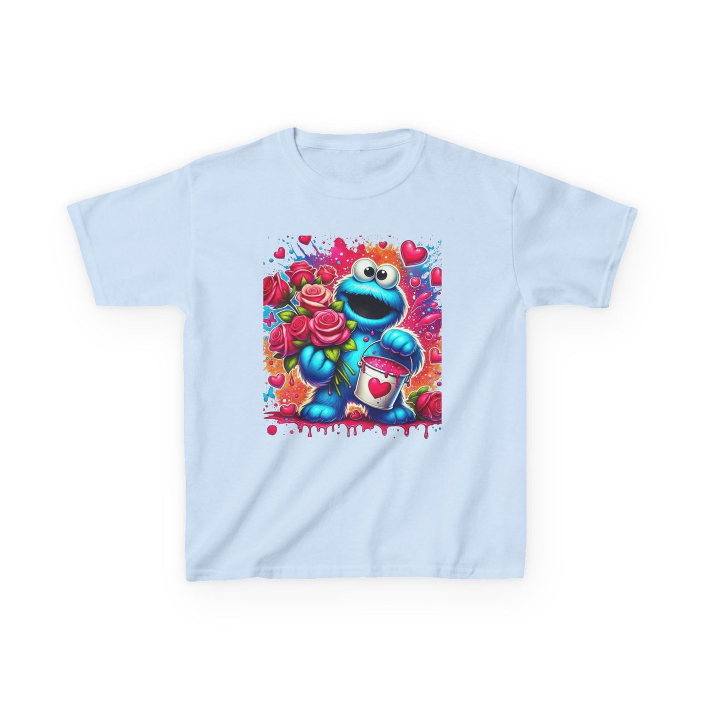 Valentine Blue Monster Kids Tee — Cute Fluffy Monster with Roses & Heart Paint