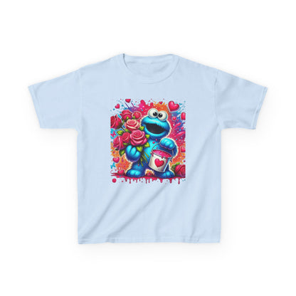 Valentine Blue Monster Kids Tee — Cute Fluffy Monster with Roses & Heart Paint