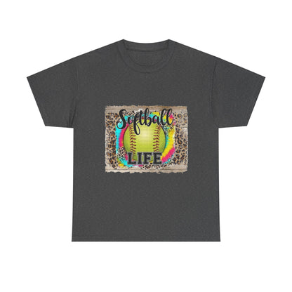 Softball Life Tee — Neon Softball Graphic with Leopard Accent