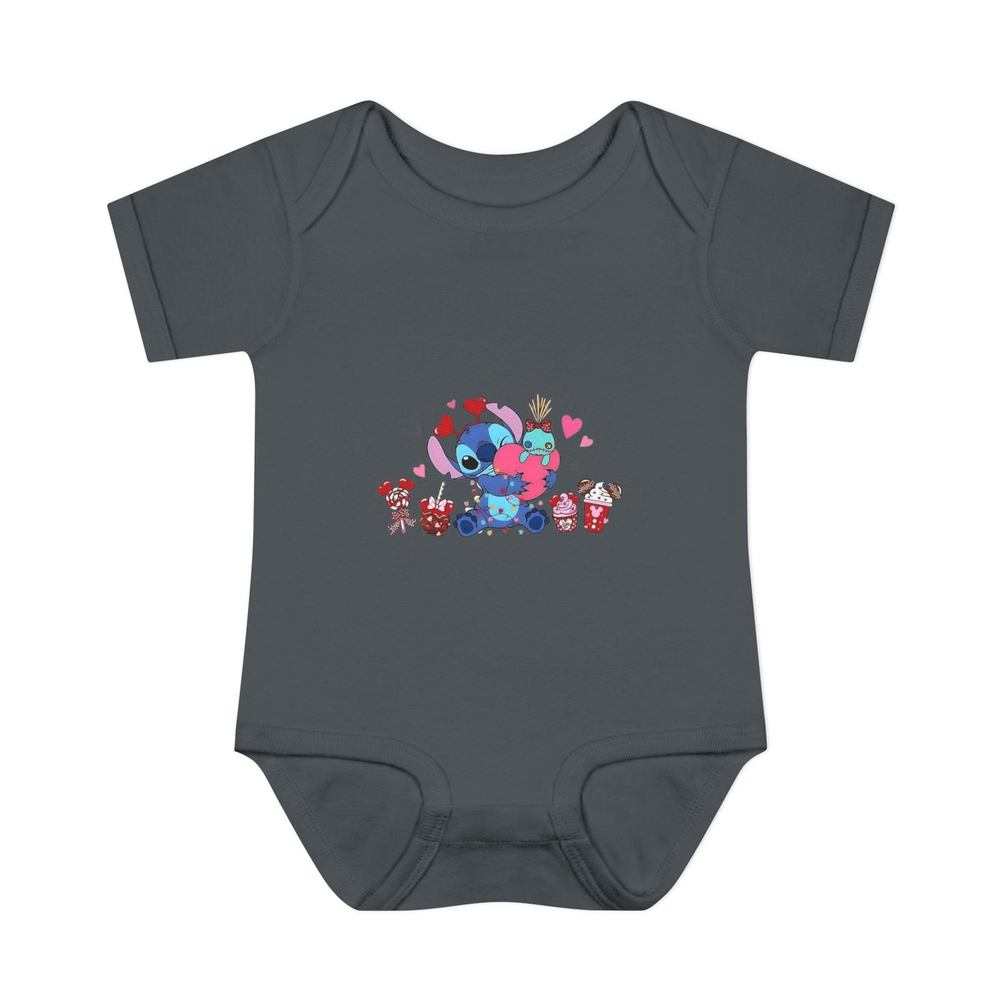 Stitch Valentine Baby Bodysuit — Cute Disney-Inspired Infant Onesie with Hearts & Treats