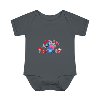 Stitch Valentine Baby Bodysuit — Cute Disney-Inspired Infant Onesie with Hearts & Treats