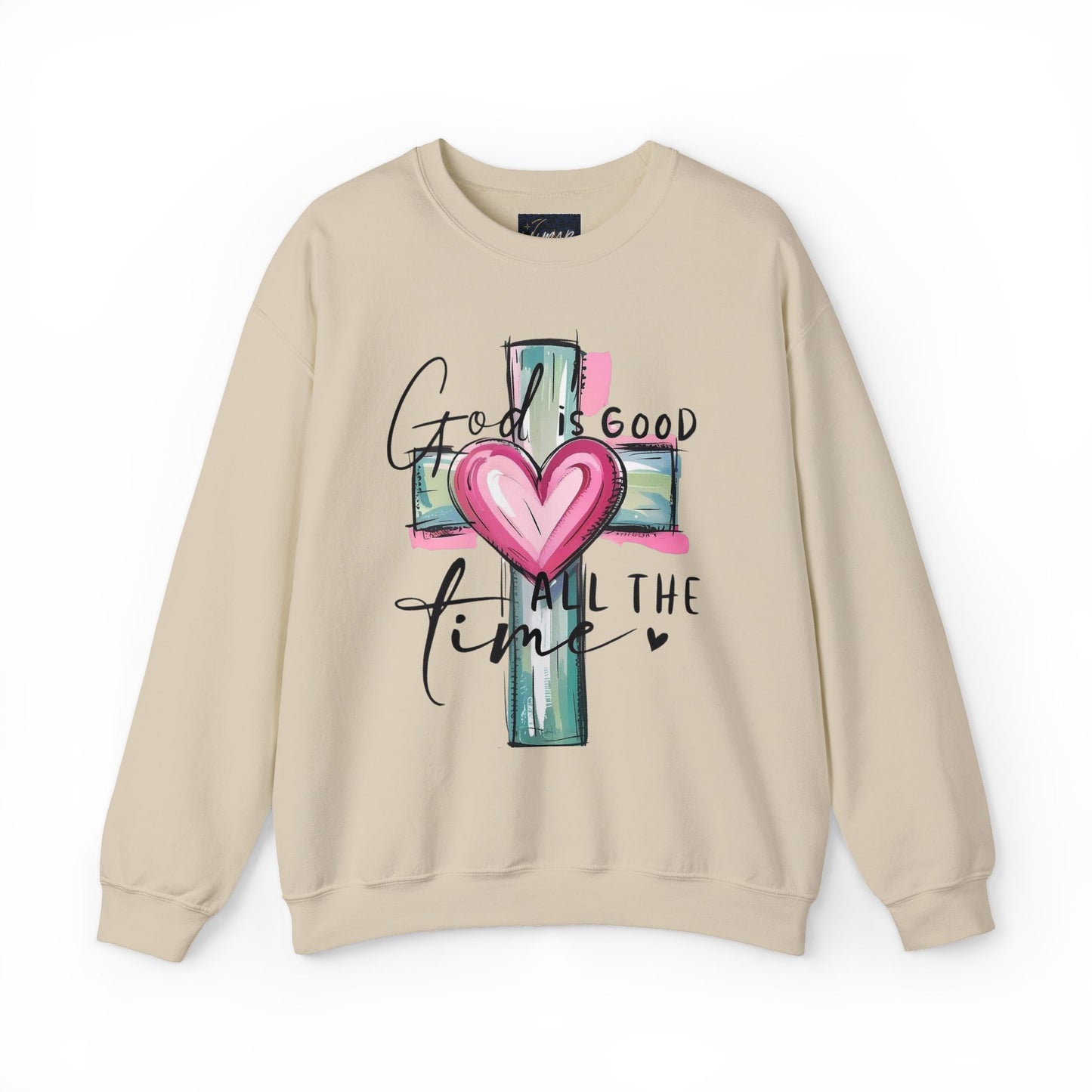 God Is Good Crewneck Sweatshirt — Cross Design with Pink Glow
