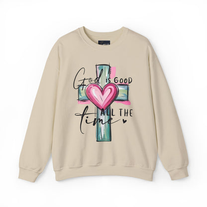 God Is Good Crewneck Sweatshirt — Cross Design with Pink Glow