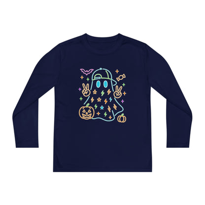 Youth Long Sleeve Ghost Tee, Halloween Shirt, Pumpkin Design, Cute Apparel, Kids' Holiday Wear, Spooky Fun Top
