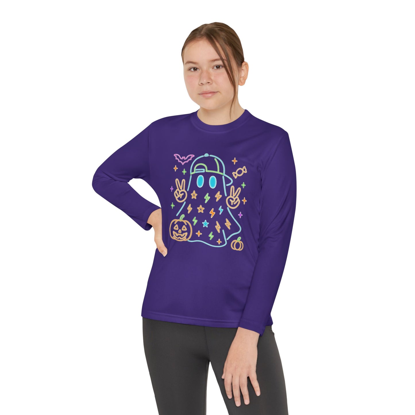 Youth Long Sleeve Ghost Tee, Halloween Shirt, Pumpkin Design, Cute Apparel, Kids' Holiday Wear, Spooky Fun Top
