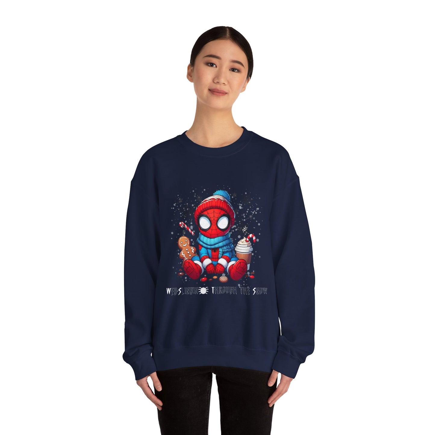 Holiday Spider Crewneck Sweatshirt — Cute Spidey in Winter Hat with Gingerbread & Cocoa
