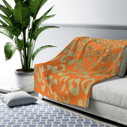 Gold Glitter Leopard Sherpa Blanket — Orange Animal Print Cozy Throw