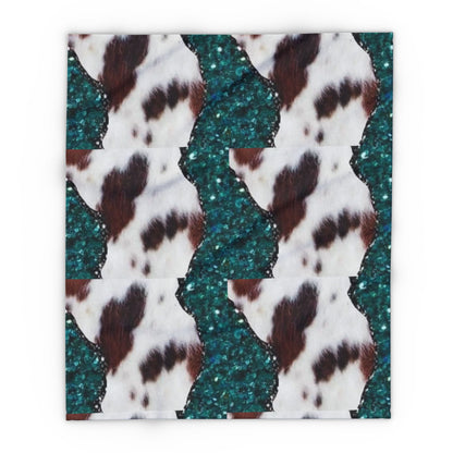 Fleece Blanket — Teal Glitter & Cowhide Pattern Cozy Throw