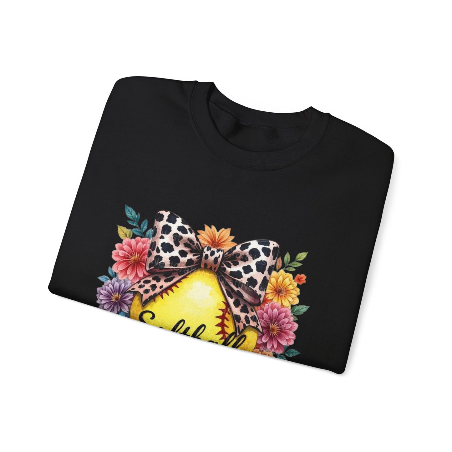 Softball Mama Crewneck Sweatshirt — Floral Softball Design with Leopard Bow
