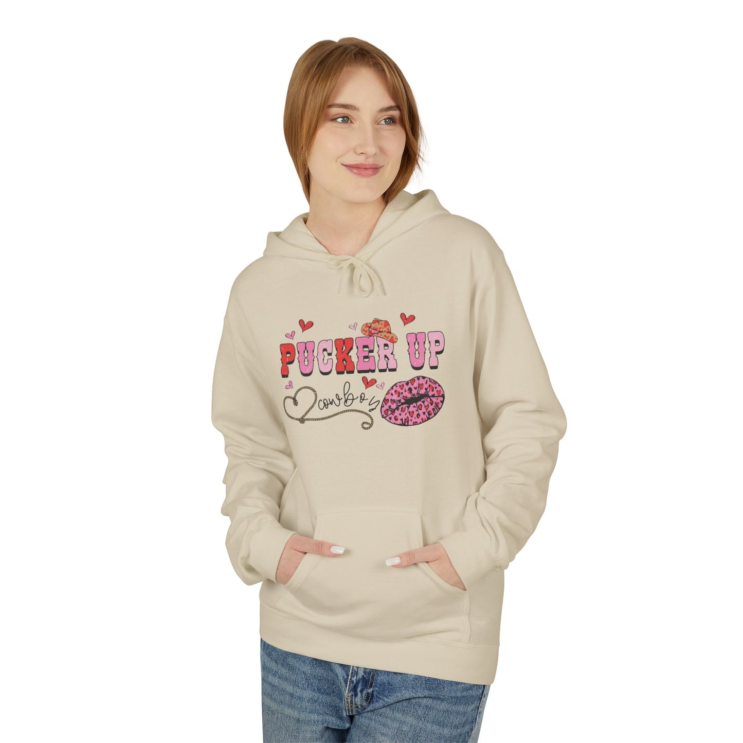 Pucker Up Hoodie — Pink Lip Print Valentine’s Graphic Sweatshirt