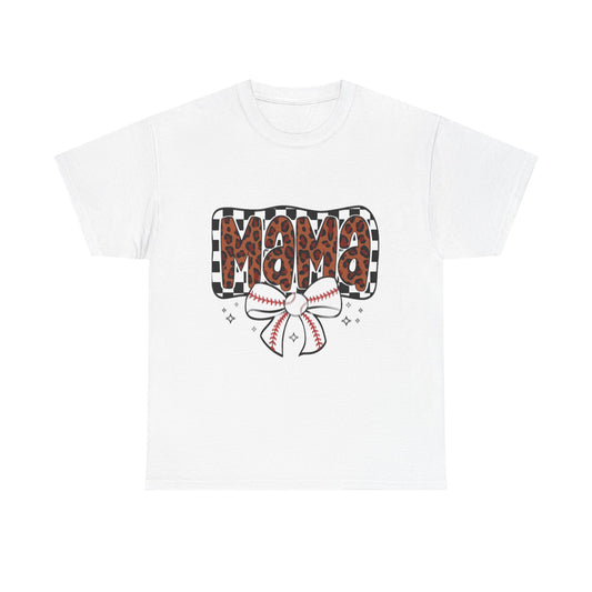 Mama Baseball Tee — Leopard Print Mama with Bow Sports Mom Shirt