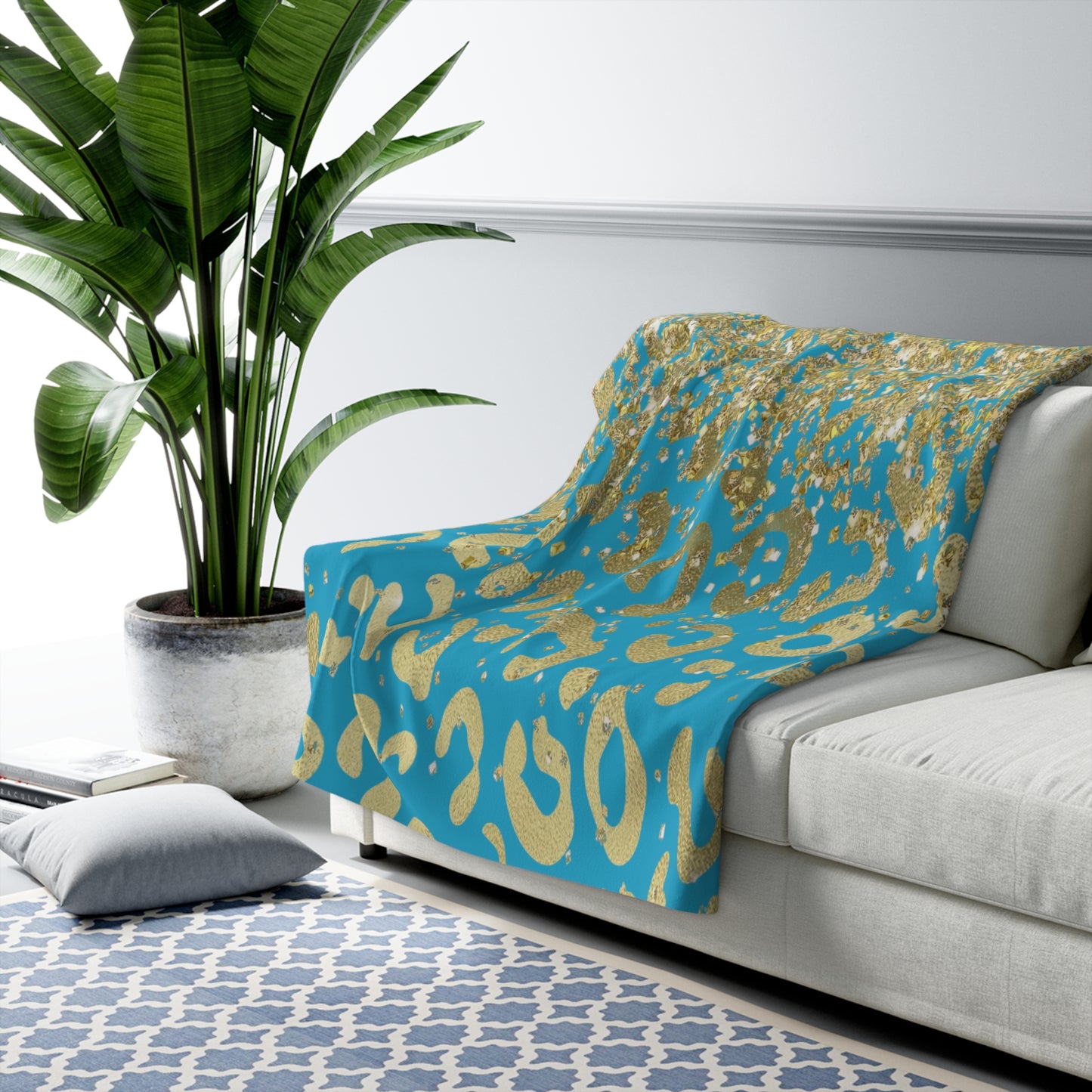 Turquoise Gold Leopard Sherpa Blanket — Cozy Luxe Animal Print Throw