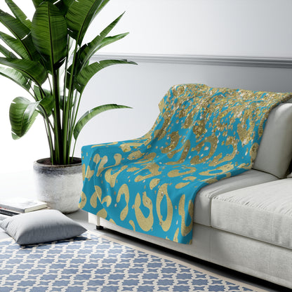 Turquoise Gold Leopard Sherpa Blanket — Cozy Luxe Animal Print Throw