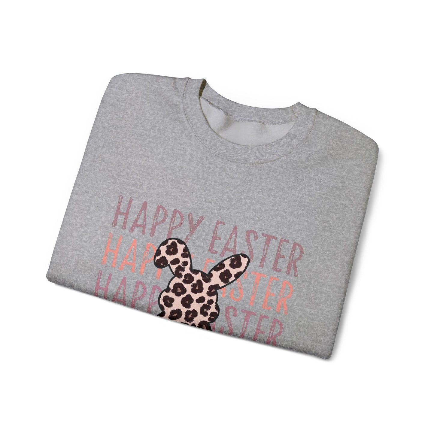 Easter Leopard Bunny Sweatshirt — "Happy Easter" Pastel Graphic Crewneck