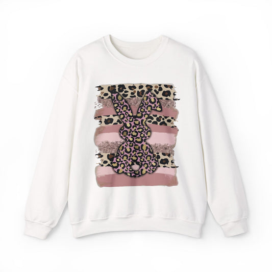 Leopard Print Bunny Crewneck Sweatshirt — Pink Striped Animal Easter Pullover