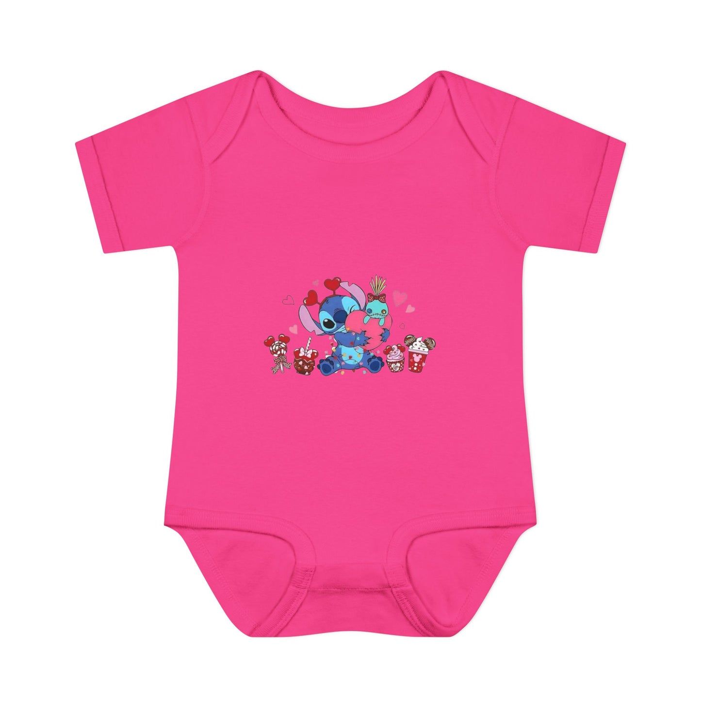 Stitch Valentine Baby Bodysuit — Cute Disney-Inspired Infant Onesie with Hearts & Treats