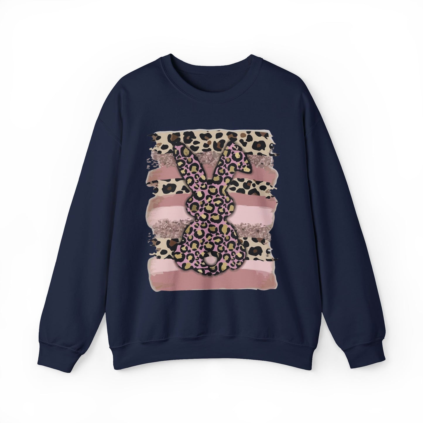 Leopard Print Bunny Crewneck Sweatshirt — Pink Striped Animal Easter Pullover