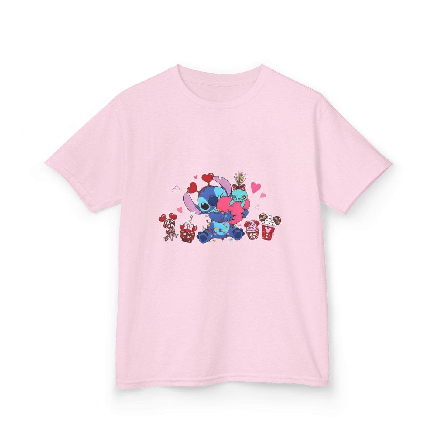 Stitch- Kids Valentine Alien Tee — Cute Blue Alien Hugging Pink Heart Plushie