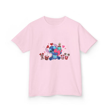 Stitch- Kids Valentine Alien Tee — Cute Blue Alien Hugging Pink Heart Plushie