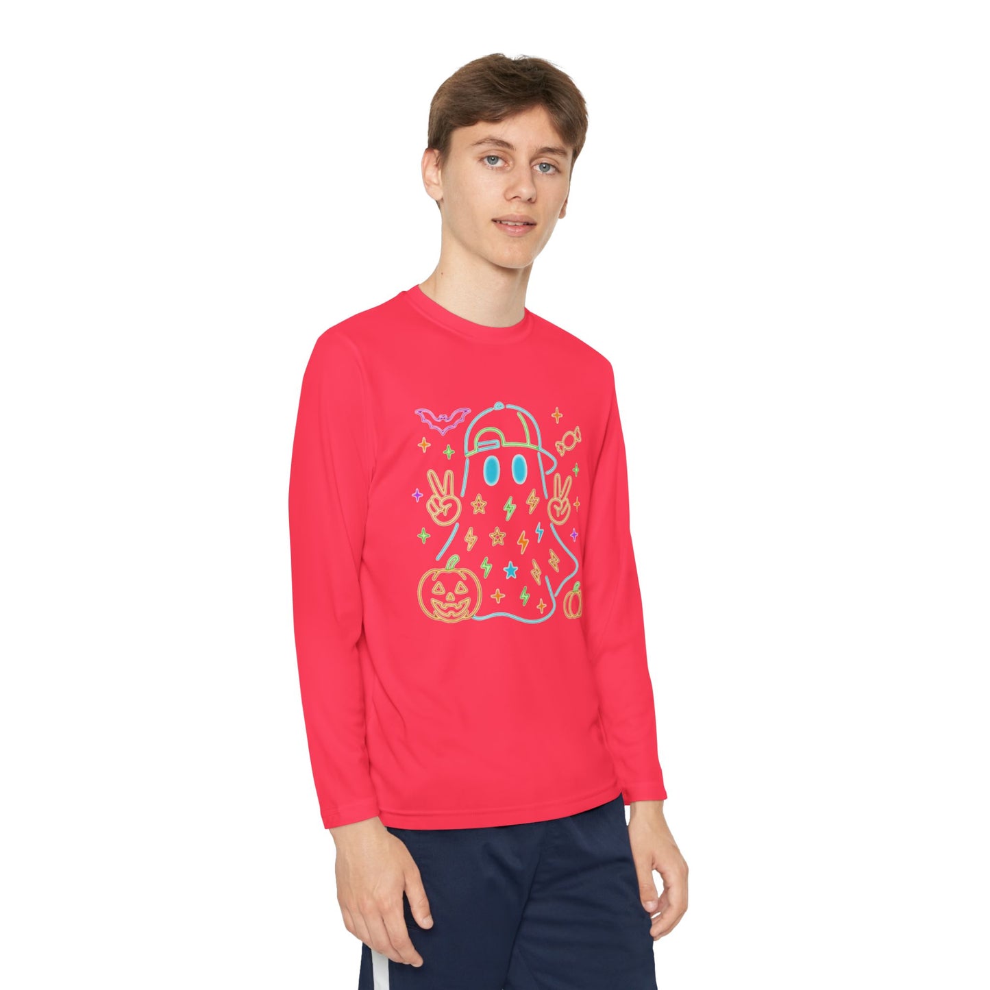 Youth Long Sleeve Ghost Tee, Halloween Shirt, Pumpkin Design, Cute Apparel, Kids' Holiday Wear, Spooky Fun Top