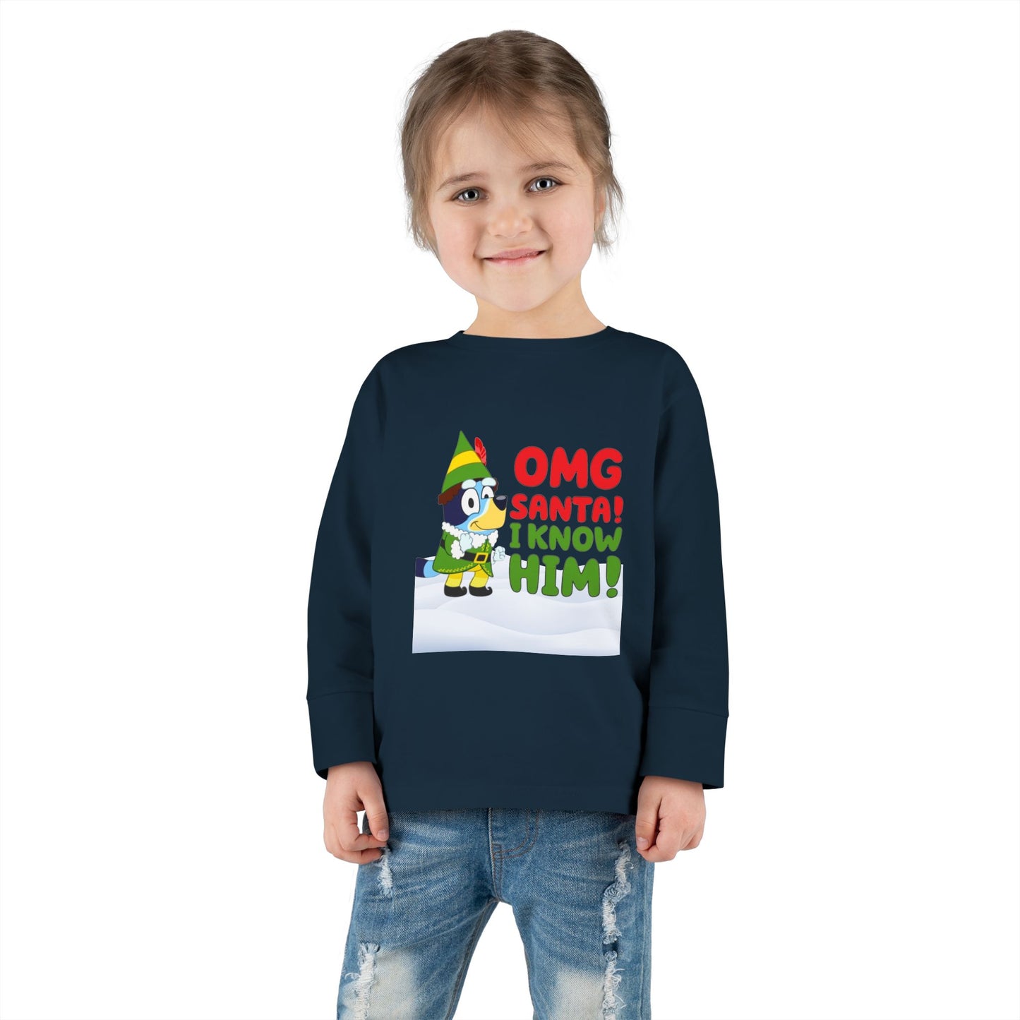 BLUE-Y Toddler Long Sleeve Tee — "OMG Santa! I Know Him!" DOG Christmas Shirt