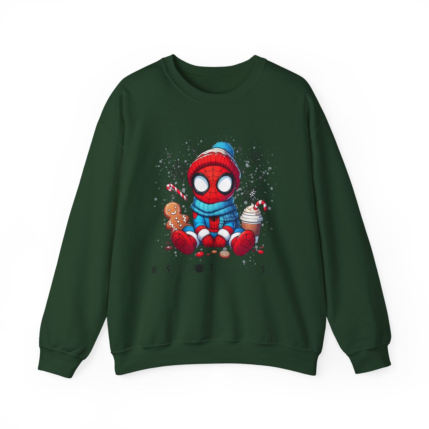 Holiday Spider Crewneck Sweatshirt — Cute Spidey in Winter Hat with Gingerbread & Cocoa