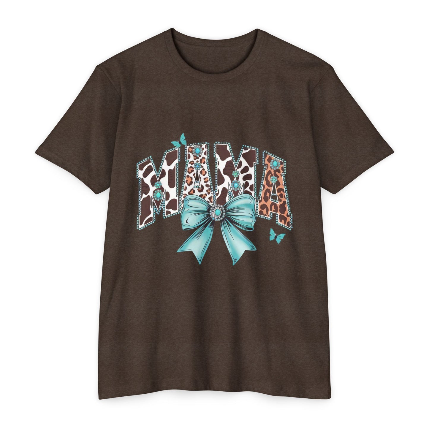 Mama Leopard Print Ribbon T‑Shirt — Teal Bow Mom Shirt